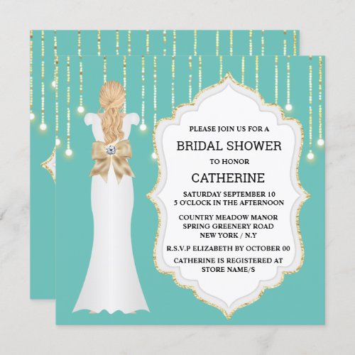 Gold teal glitter bride dress elegant shimmer chic invitation