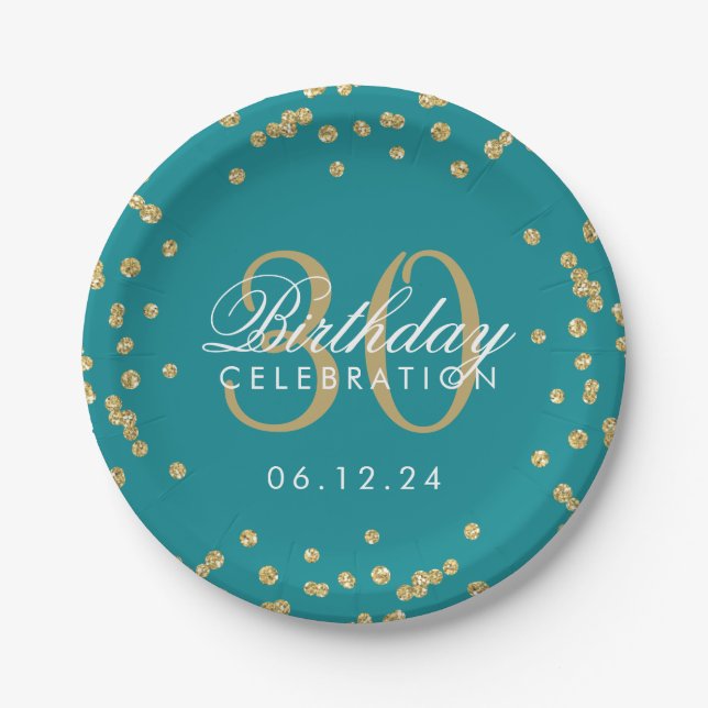 Gold Teal Glitter Confetti 30th Birthday Paper Plates (Front)