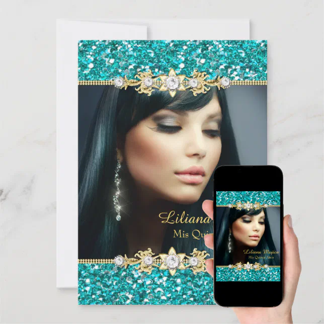 Gold Teal Glitter And Jewel Bow Quinceanera Invitation Zazzle