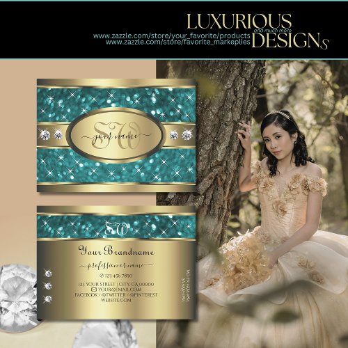 Gold Teal Glitter Luminous Stars Diamonds Initials Business Card
