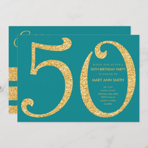 Gold Teal Glitter Surprise 50th Birthday Party Invitation