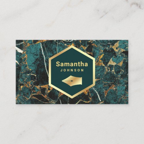 Gold Teal Green Marble Pen Nib Professional Business Card