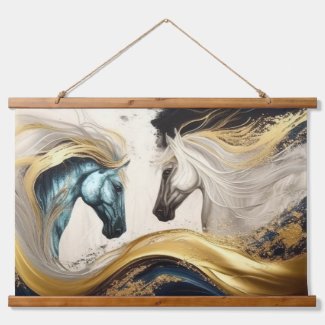 Gold Teal Horses Abstract Modern Oil Painting