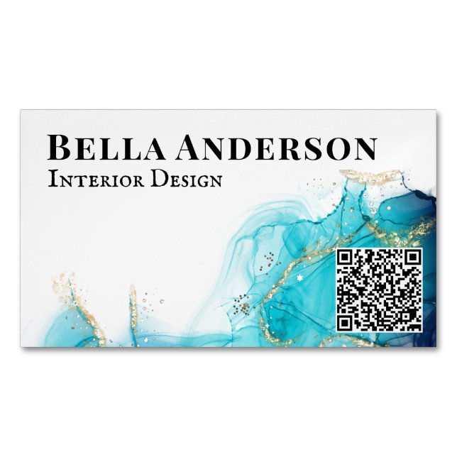 Gold Teal Ink Minimalist Custom QR Code  Business Card Magnet (Front)
