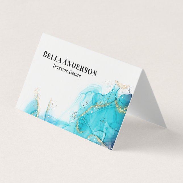Gold Teal Ink Minimalist Custom QR Code Folded Business Card (Front)