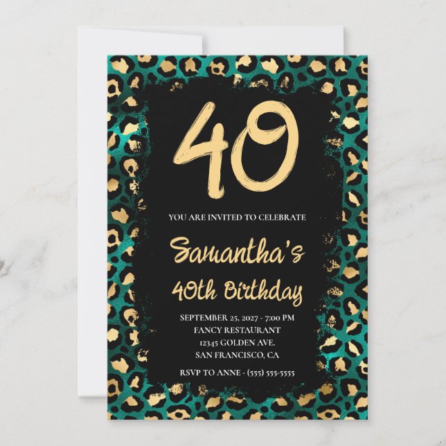 Gold Teal Leopard Painted Black 40th Birthday Invitation (Front)