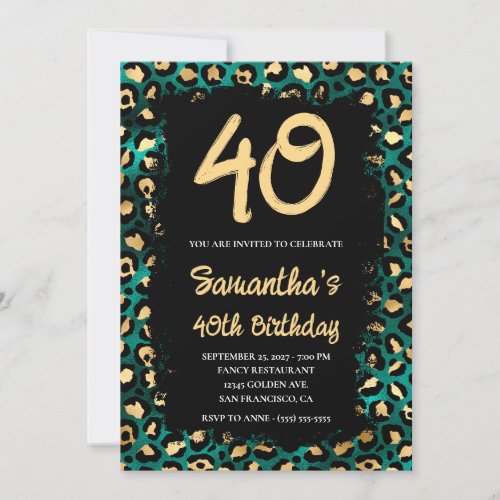 Gold Teal Leopard Painted Black 40th Birthday Invitation