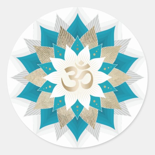 Gold  Teal Lotus Floral Namaste Yoga Om Sign Classic Round Sticker