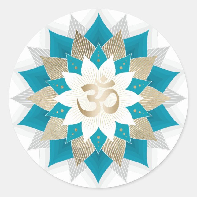 Gold & Teal Lotus Floral Namaste Yoga Om Sign Classic Round Sticker (Front)