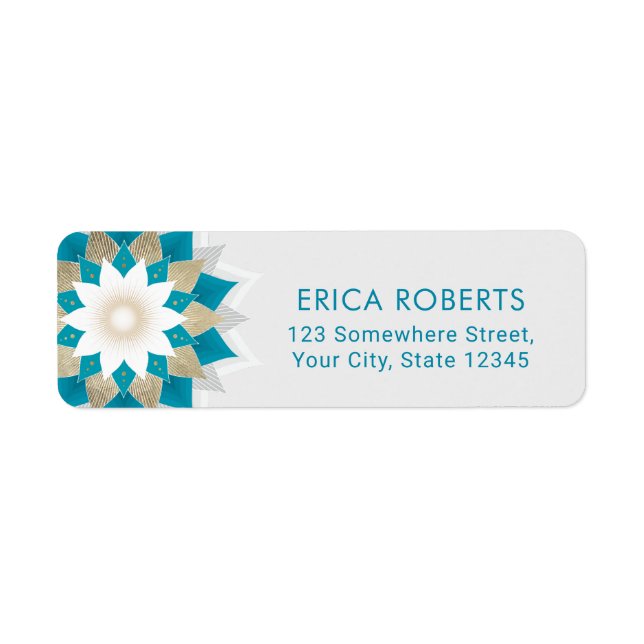 Gold & Teal Lotus Flower Mandala Elegant Label (Front)