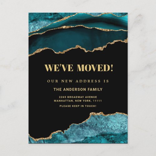 Gold Teal Marble New Address Moving Announcement Postcard