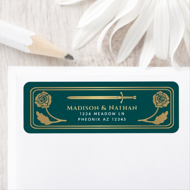Gold Teal Medieval Fantasy Sword Wedding Label (Insitu)