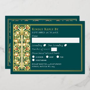 Gold Teal Medieval Floral Sword Wedding RSVP Foil Invitation