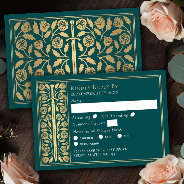 Gold Teal Medieval Sword Wedding RSVP Card (Creator Uploaded)