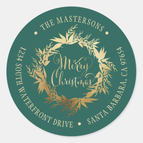 Gold Teal Merry Christmas Wreath Return Address Classic Round Sticker