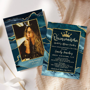 Gold Teal Mint Agate Quinceanera Photo Spanish Invitation