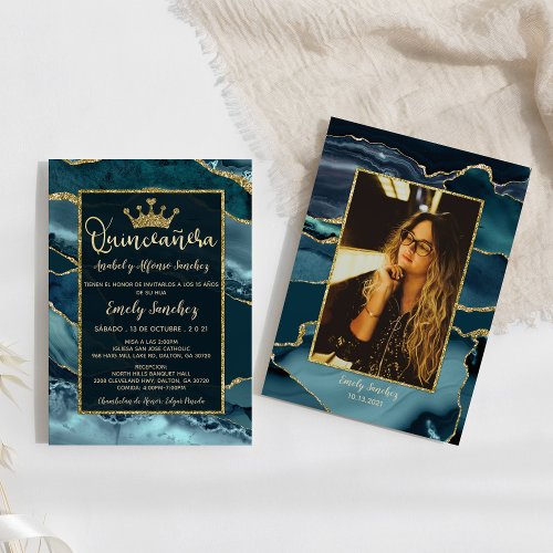 Gold Teal Mint Agate Quinceanera Photo Spanish Invitation