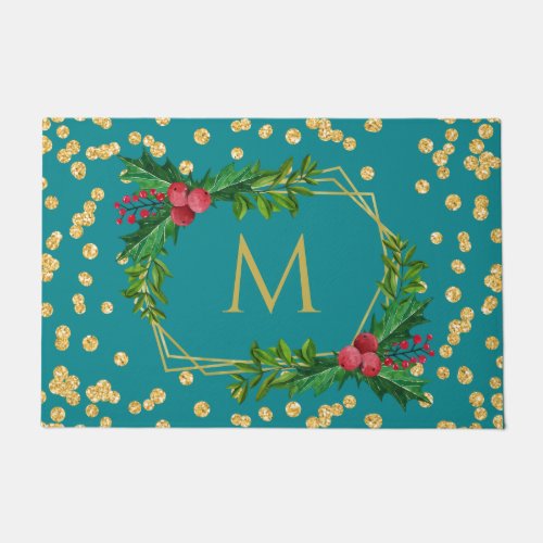 Gold Teal Monogram Merry Christmas Holly Glitter Doormat