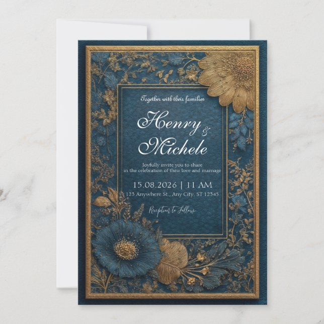 Gold Teal Navy Blue Botanical Textured Wedding Invitation (Front)