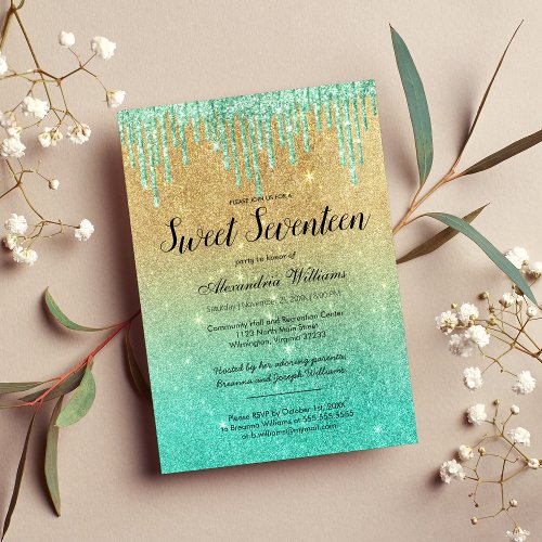 Gold teal ombre glitter drips Sweet Seventeen  Invitation