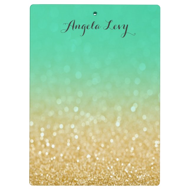 Gold & Teal Ombre Glitter Personalized Clip board (Back)