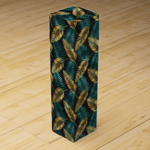 Gold Teal Palm Leaves Luxe Tropical Pattern Wine Box
