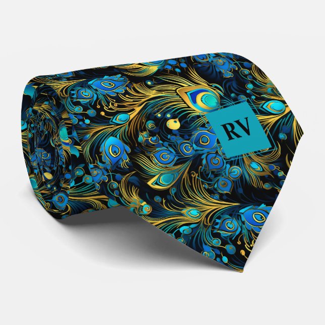 Gold Teal Peacock Feathers Wedding Neck Tie (Rolled)