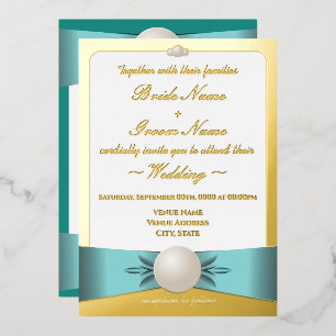 Gold & Teal Pearl Ribbon Wedding Ceremon/Reception Foil Invitation