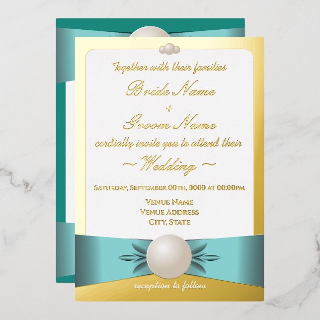 Gold & Teal Pearl Ribbon Wedding Ceremon/Reception Foil Invitation (Front/Back)