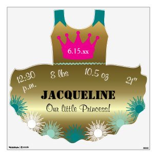 Gold Teal Pink 12x12 Princess Crown Birth Stats Wall Decal