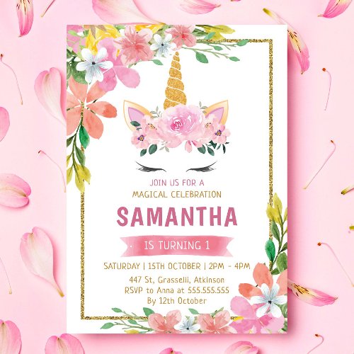 Gold Teal Pink Floral Fame Unicorn Birthday Invitation