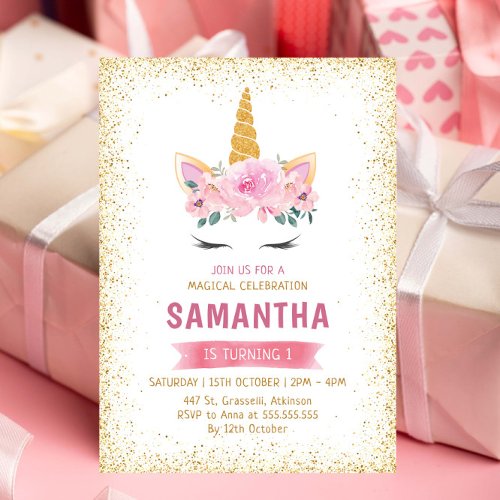 Gold Teal Pink Flowers Magical Unicorn Birthday Invitation