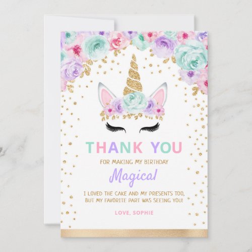 Gold Teal Pink Purple Unicorn 1st Birthday Thank You Card