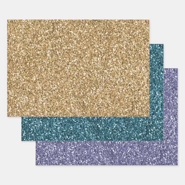 Gold Teal Purple Glitter       Wrapping Paper Sheets (Set)
