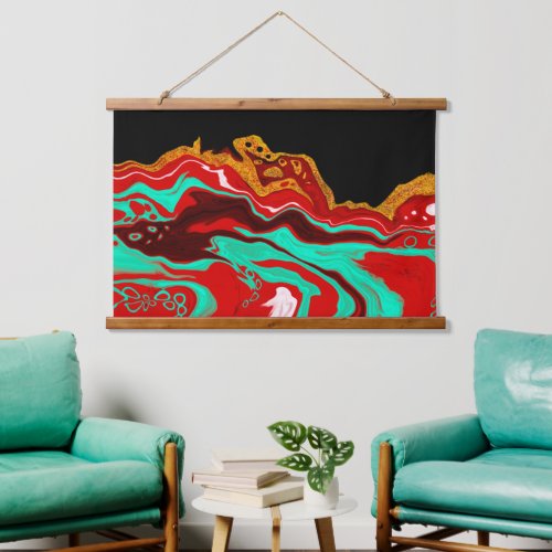 Gold Teal Red and Black Fluid Art Hanging Tapestry