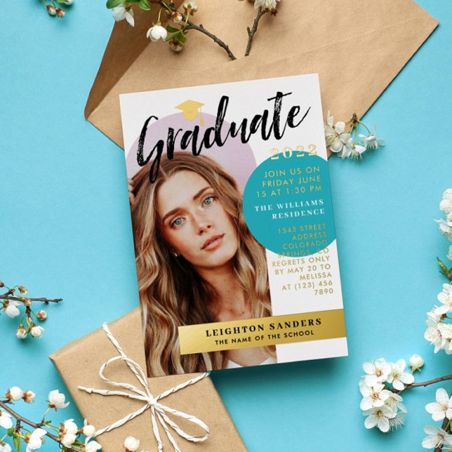 Gold & Teal Retro Arch Photo Graduation Foil Invitation (Creator Uploaded)