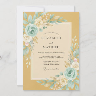 Gold Teal Romantic Floral Wedding Invitation