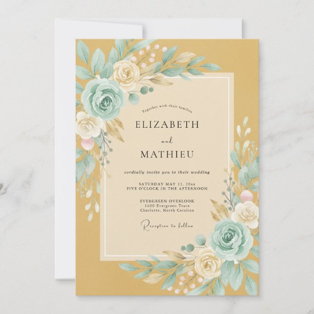 Gold Teal Romantic Floral Wedding Invitation (Front)