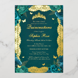 Gold Teal Rose Lace Quinceanera Birthday Foil Invitation