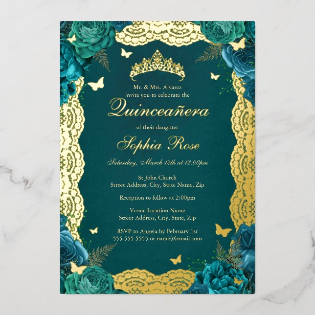 Gold Teal Rose Lace Quinceanera Birthday  Foil Invitation (Front)