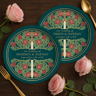 Gold Teal Royal Medieval Floral Sword Wedding  Paper Plates