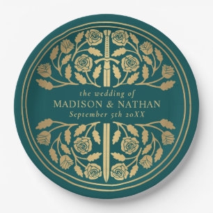 Gold Teal Royal Medieval Sword Wedding  Paper Plates