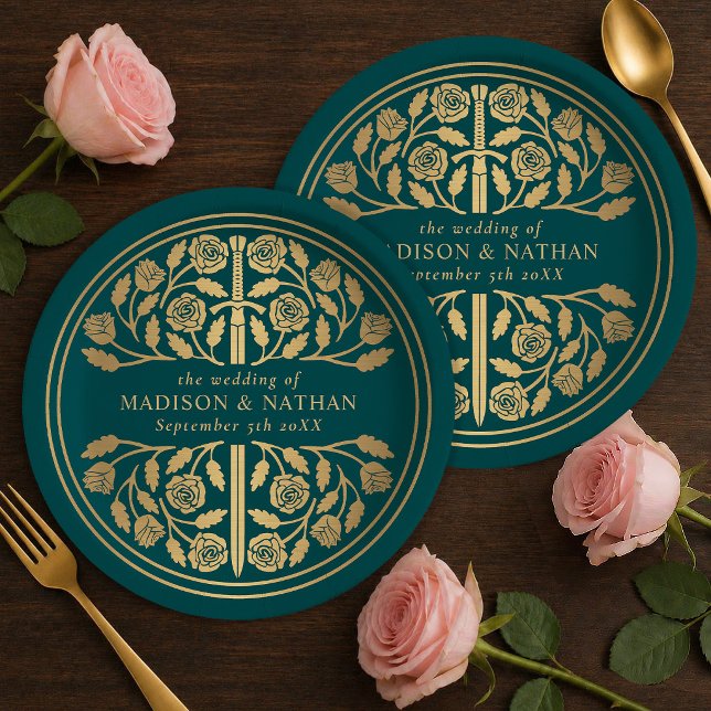 Gold Teal Royal Medieval Sword Wedding  Paper Plates (Creator Uploaded)