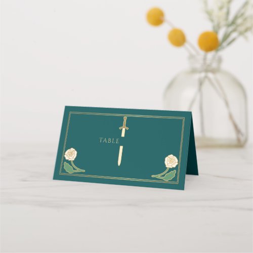 Gold Teal Royal White Floral Sword Wedding Place Card