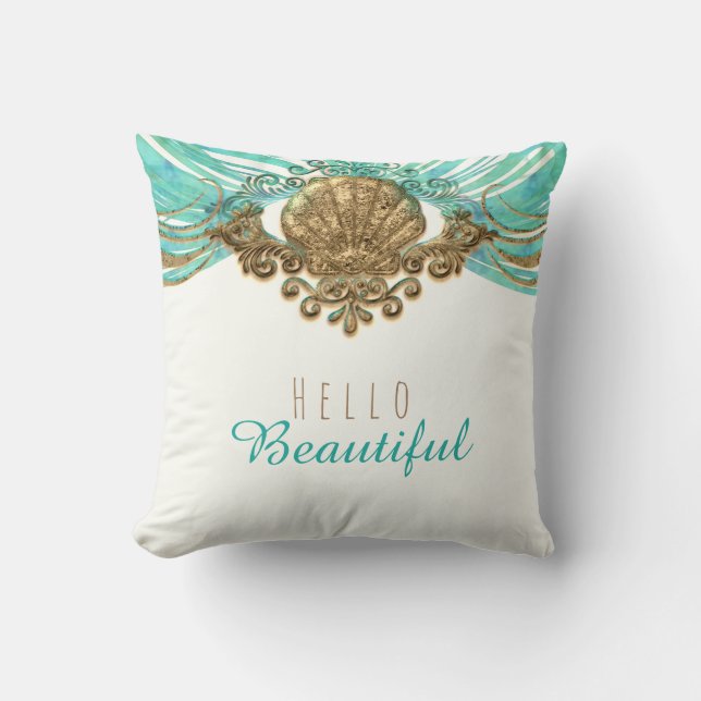 Gold & Teal Sea Shell Glam Beach Elegant Custom Throw Pillow (Front)