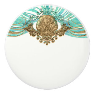 Gold & Teal Sea Shell Glam Beach Elegant Decor Ceramic Knob
