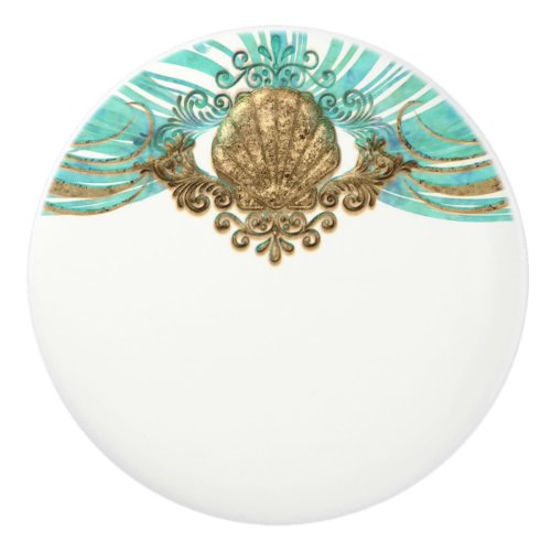 Gold  Teal Sea Shell Glam Beach Elegant Decor Ceramic Knob