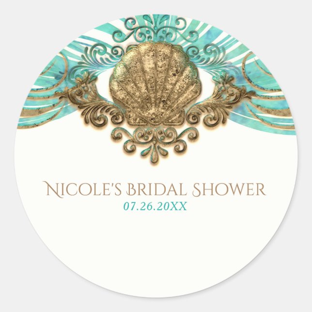 Gold & Teal Sea Shell Glam Beach Elegant Favor Classic Round Sticker (Front)