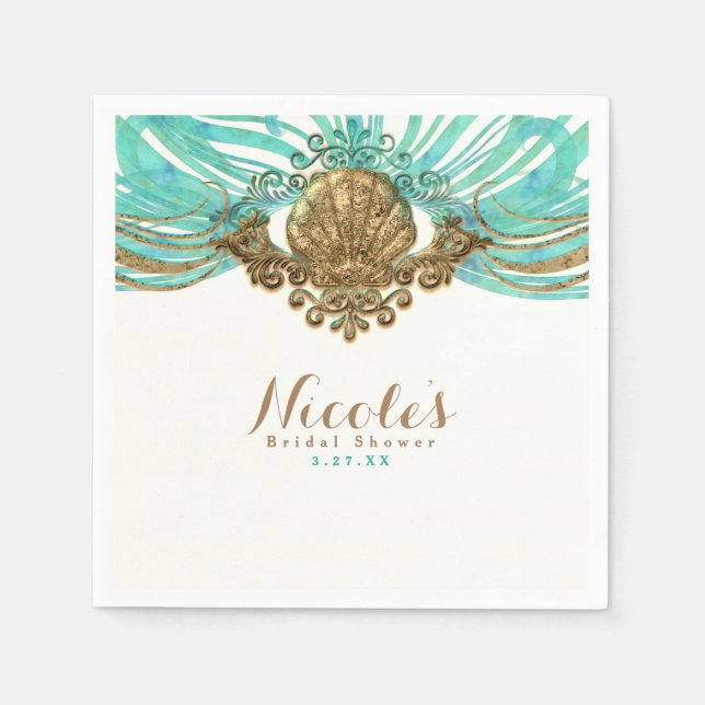 Gold & Teal Sea Shell Glam Beach Elegant Party Napkins (Front)