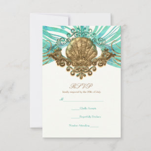 Gold & Teal Sea Shell Glam Beach Elegant RSVP Card